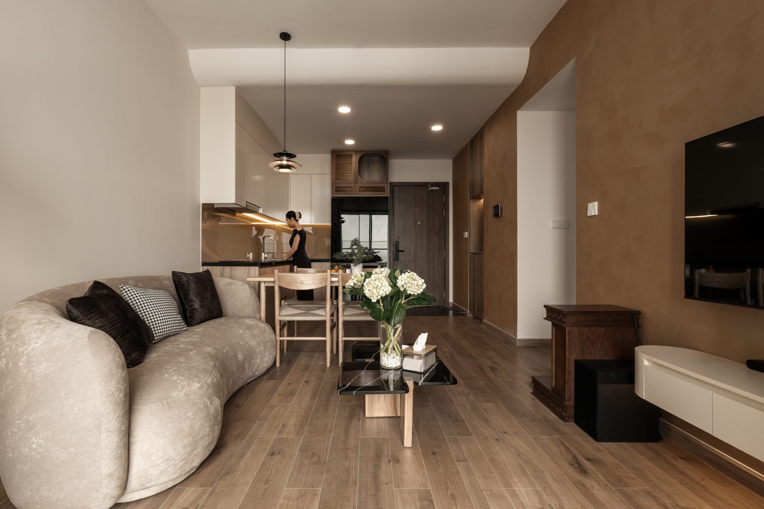 Phòng khách căn hộ Akari Nam Long thông sang khu bếp