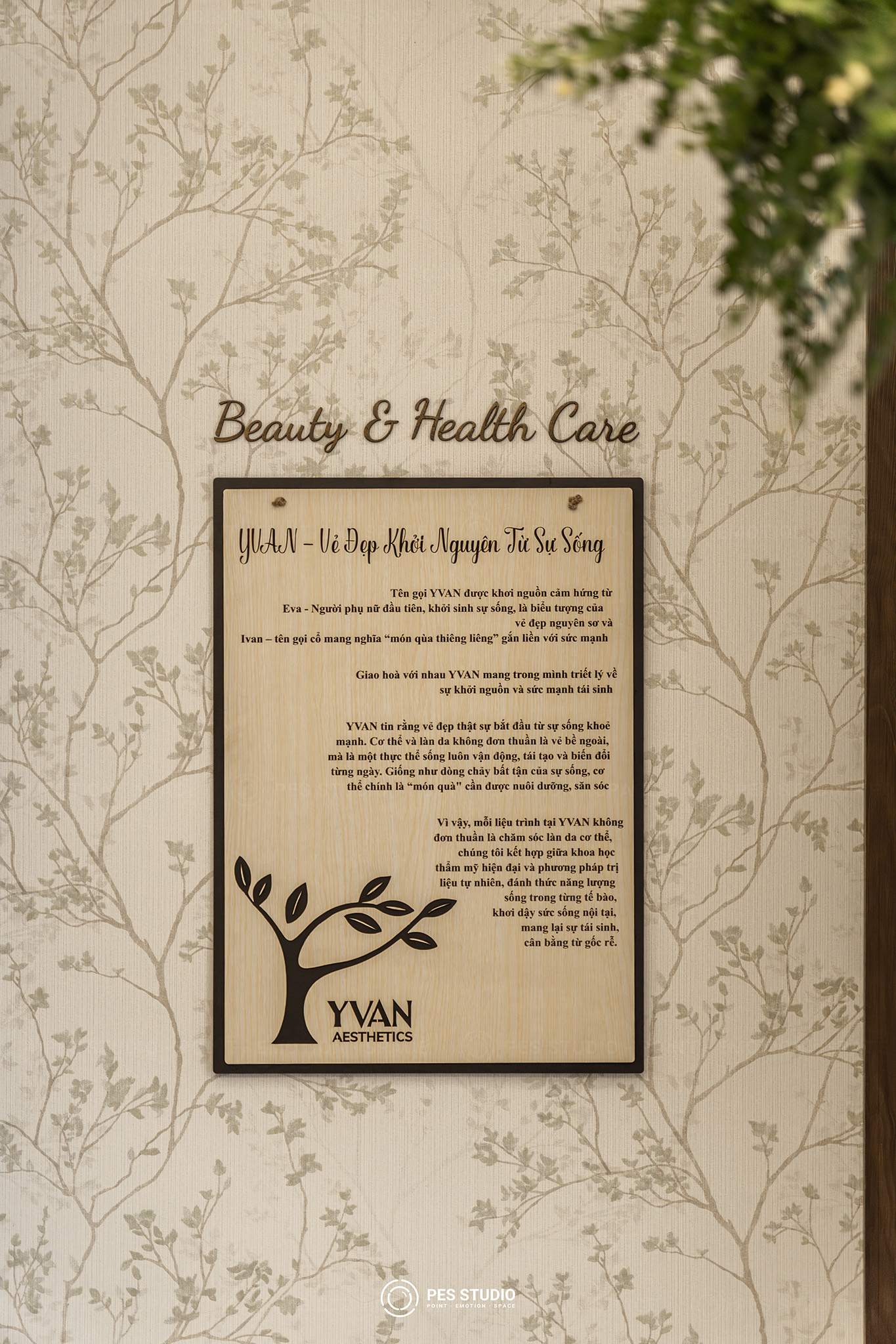 Bảng giới thiệu Beauty and Health Care đặt trên tường giấy hoạ tiết cành lá