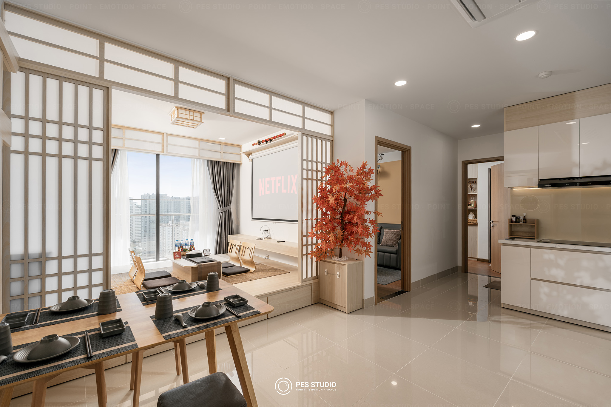 Phòng khách căn hộ Duotori Vũng Tàu với bục gỗ kiểu Nhật và vách lam shoji