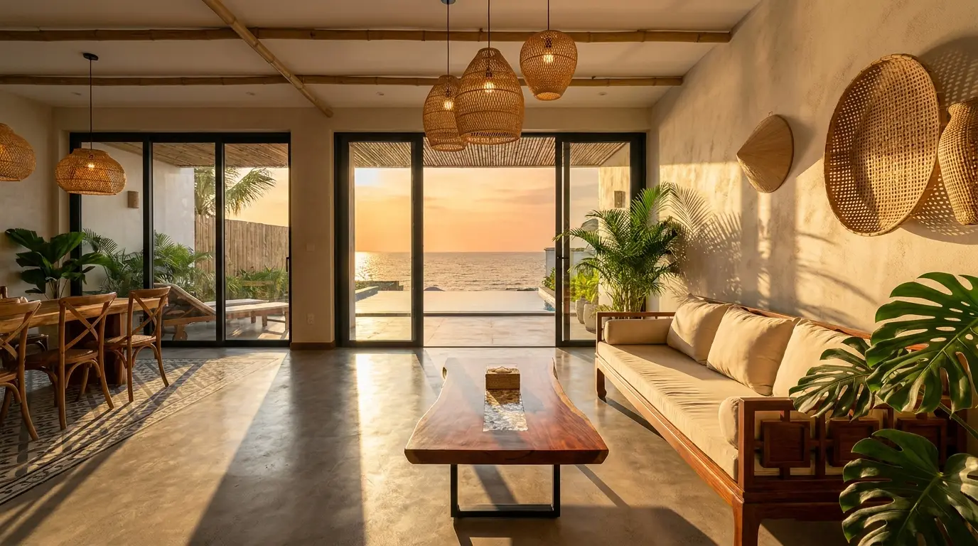 Chụp ảnh villa Nha Trang — khu sinh hoạt chung liền bếp của nhà nguyên căn