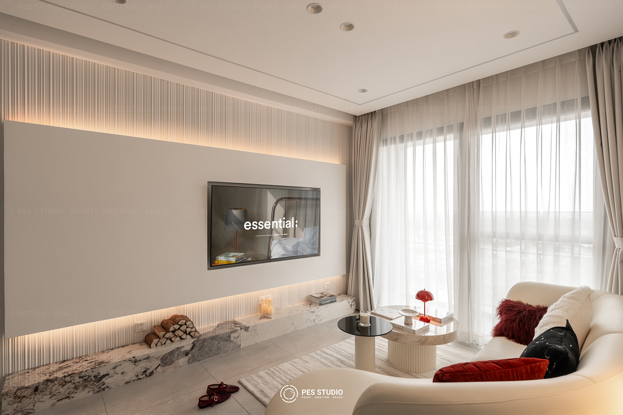 Toàn cảnh phòng khách căn hộ do PES Studio chụp, minh hoạ khác biệt giữa ảnh nội thất và ảnh bất động sản